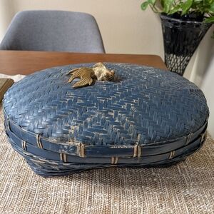 Vintage Aisia Blue Bamboo Basket With Lid And Brass Koi Fish